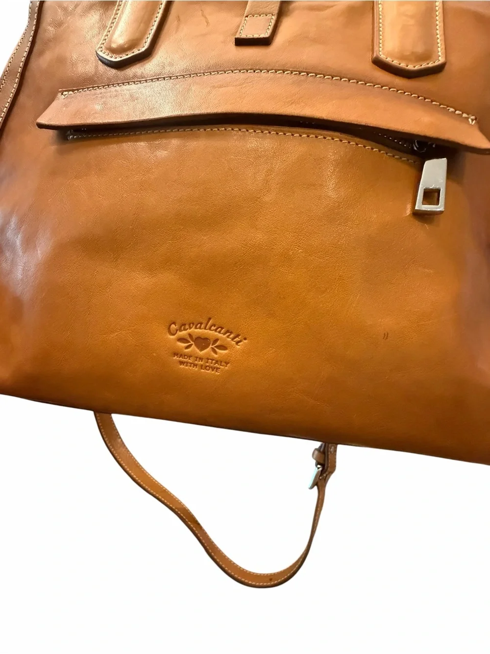 Cavalcanti Italian Satchel Shoulder Bag Cognac Brown Burnished Leather Western